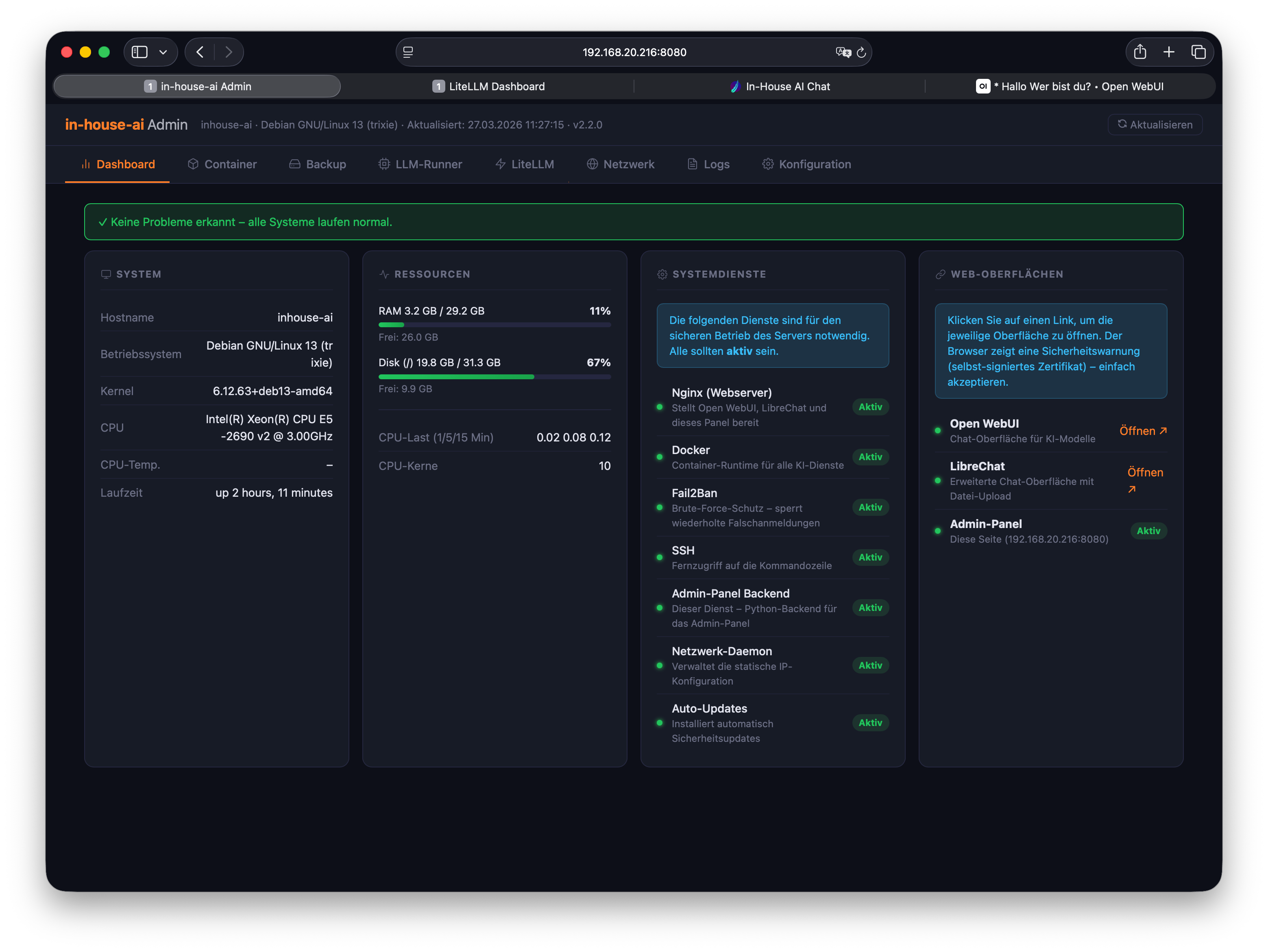 Admin Dashboard – Systemübersicht